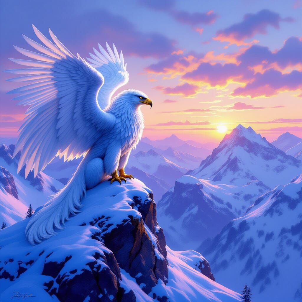 Griffin Perched Atop Snowy Mountain Peak