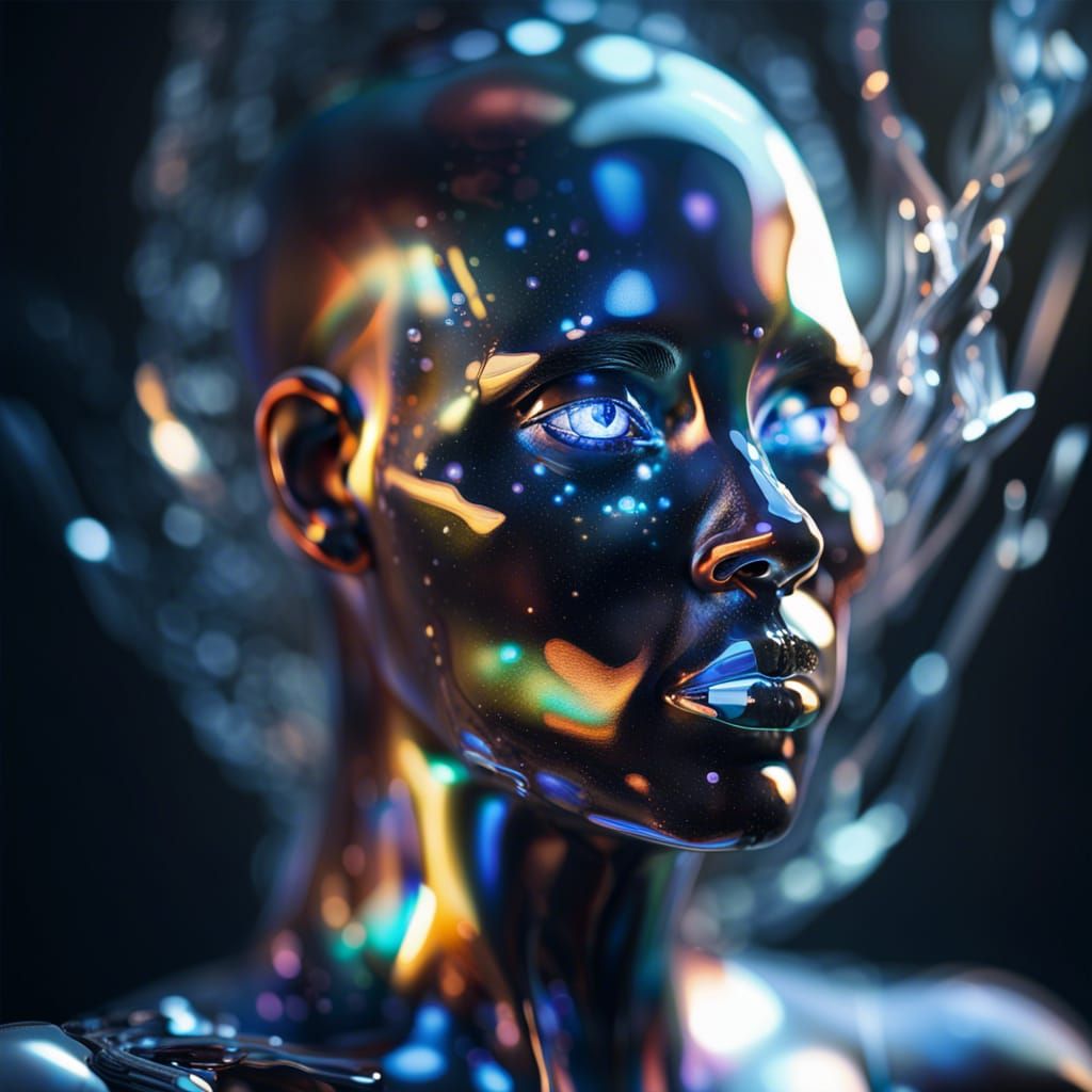 Prismatic crystal portrait of a liquid humanoid being lit from within":"HDRI, ultra realistic, concept art, elegant, hig...