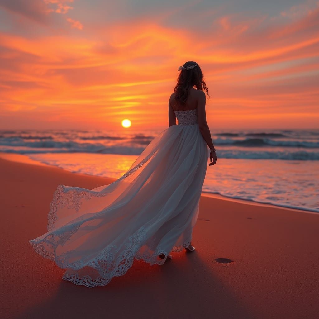 Ethereal Lady on Serene Beach at Sunset