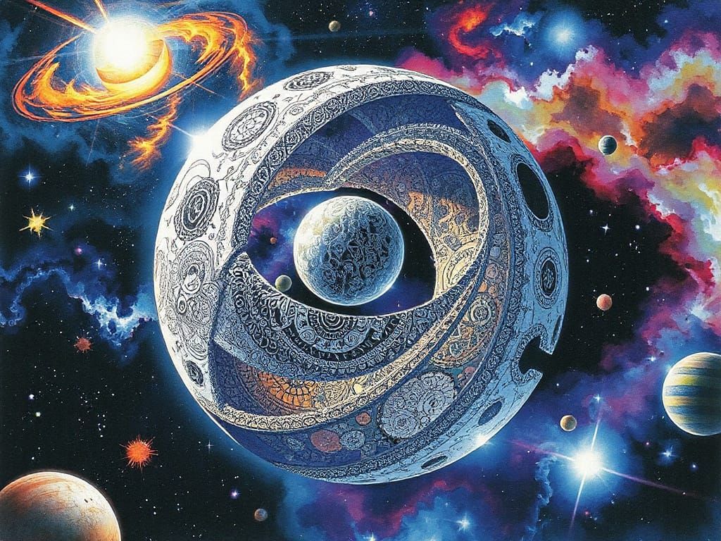 Whimsical Zentangle Dyson Sphere in Watercolor Style