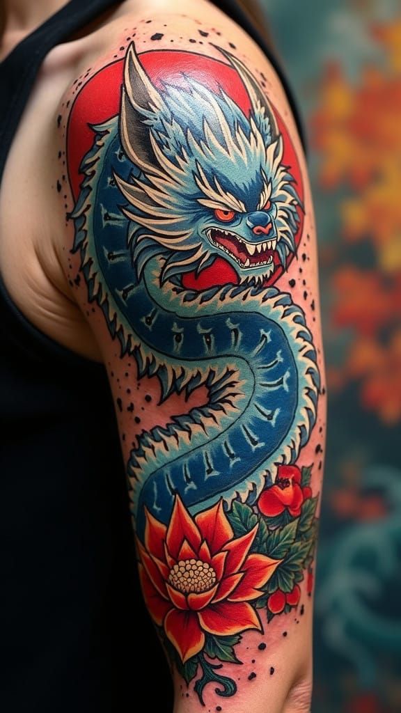 Japanese-Inspired Arm Tattoo in Dynamic Splash Art