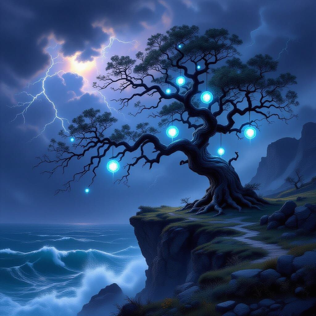 Ancient Tree on Cliff Above Stormy Sea, Ethereal Orbs