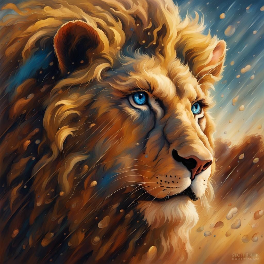 Lion with Human Features in Desert Rain, Rutkowski Style