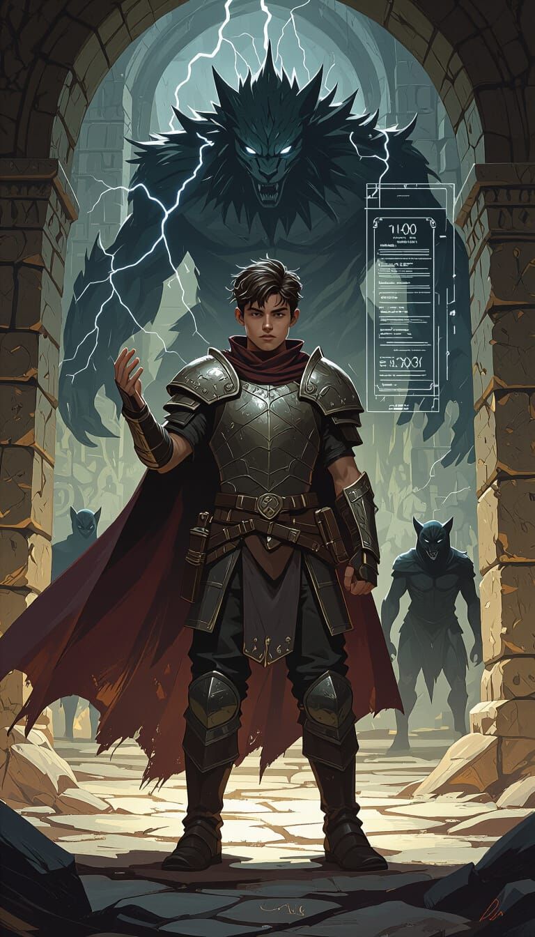 Teen Boy in Dungeon Activating Powers, Fantasy Art Style