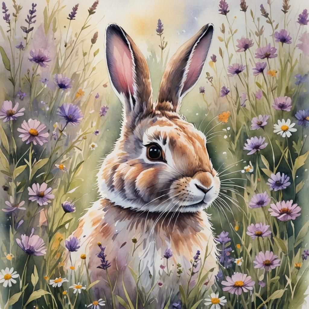 Whimsical Rabbit in Meadow, Watercolor Illustration