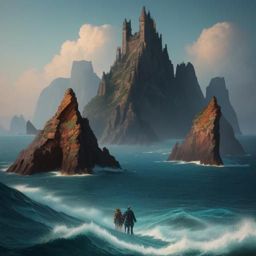 Couple Embracing the Sea: Detailed Fantasy Art