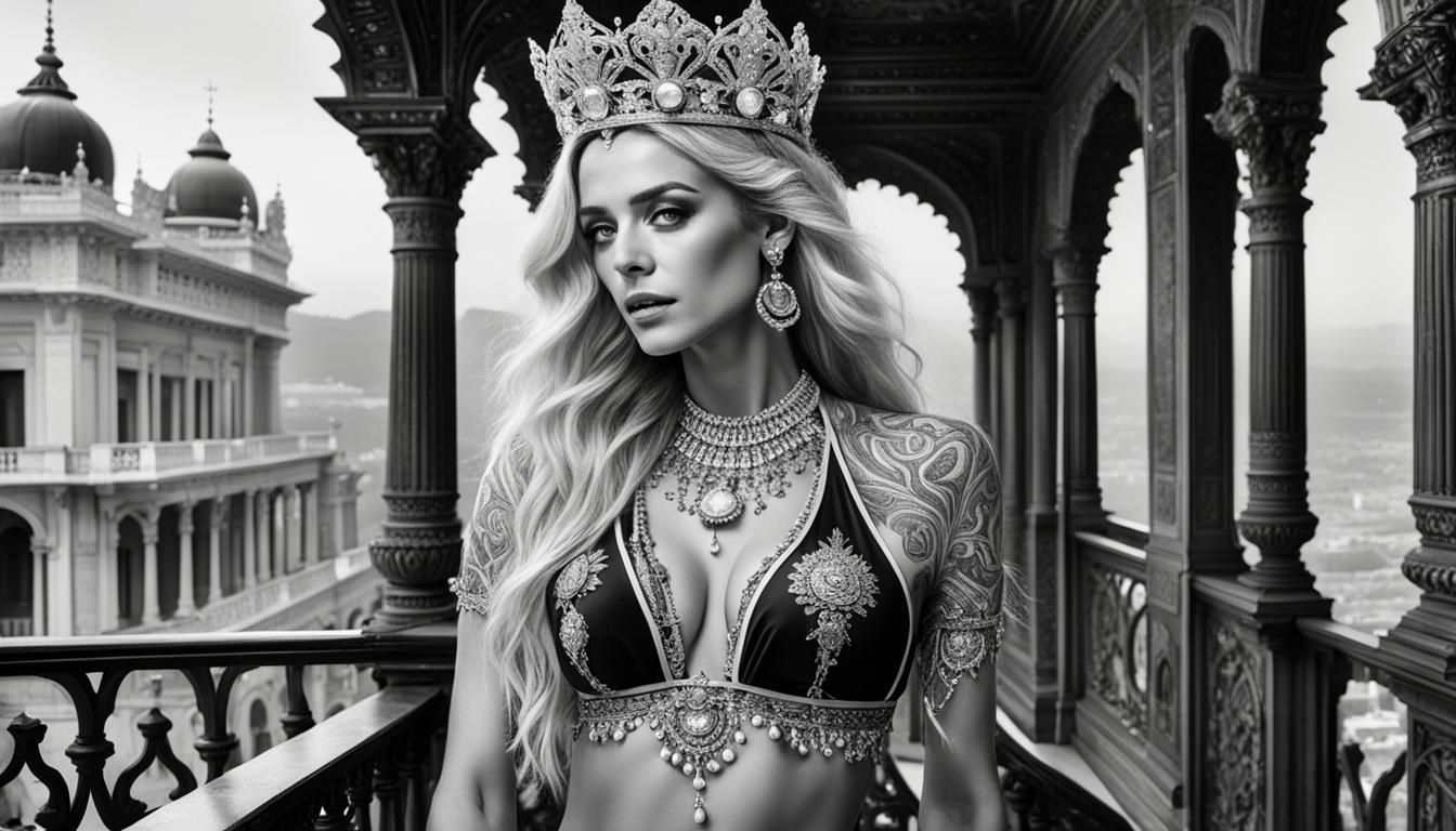 Hyperrealistic Black and White Portrait of Woman in Palace