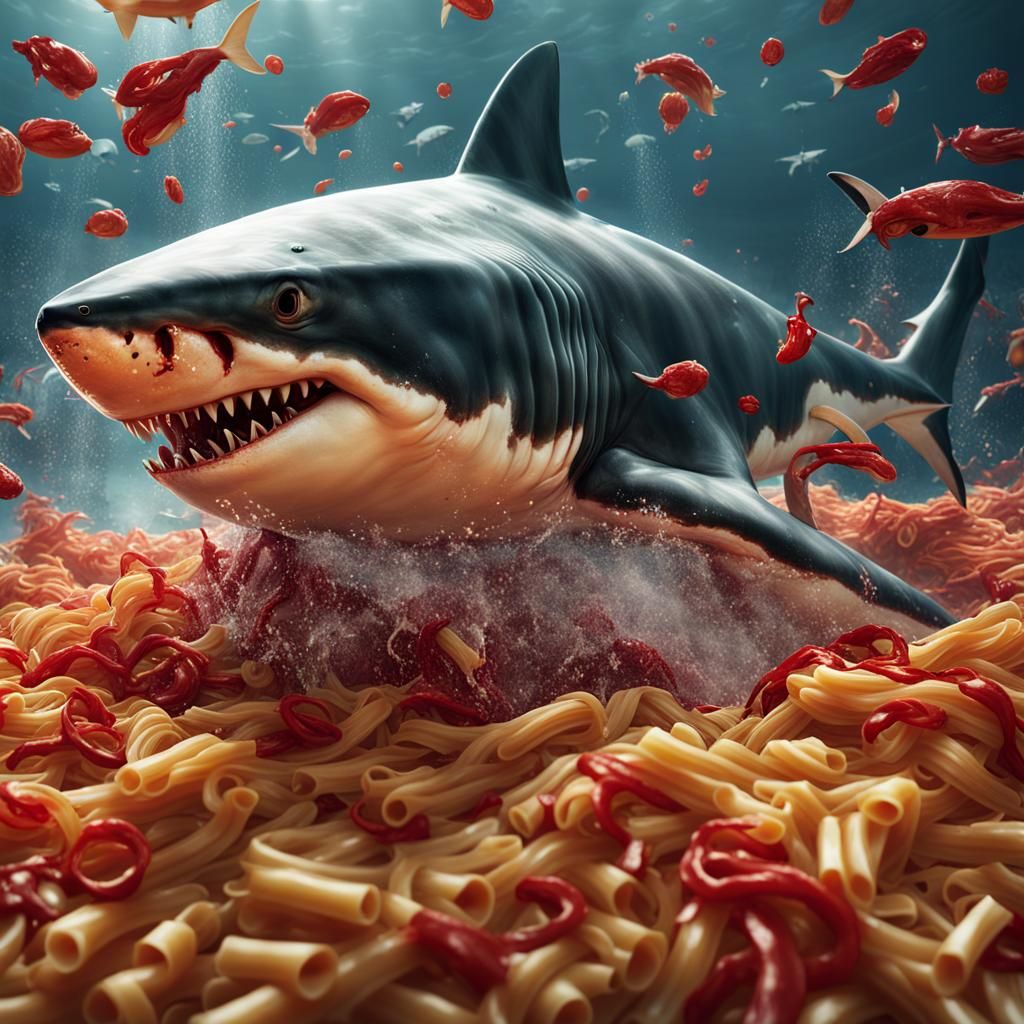 Great White Sharks Submerged in Pasta: Detailed Digital Pain...
