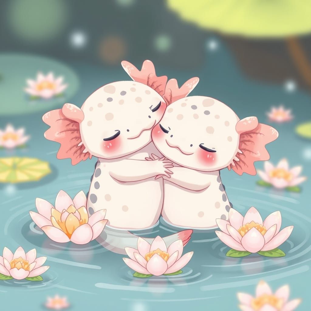 Cute Axolotl Babies Share a Heartwarming Hug in Kawaii Anime...