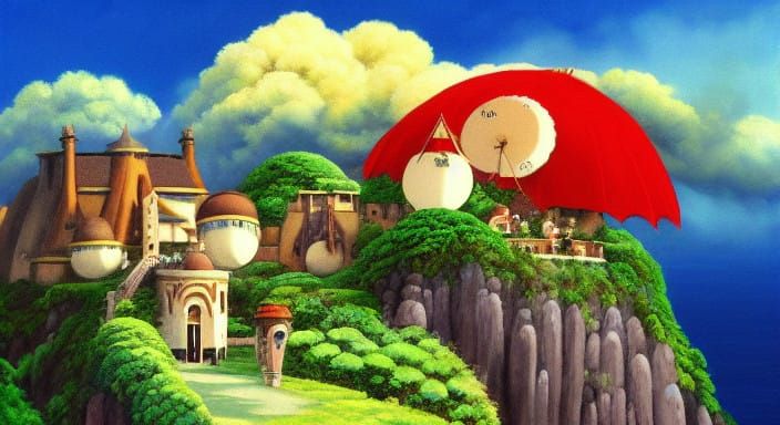 Whimsical Ghibli Landscape Oil Painting