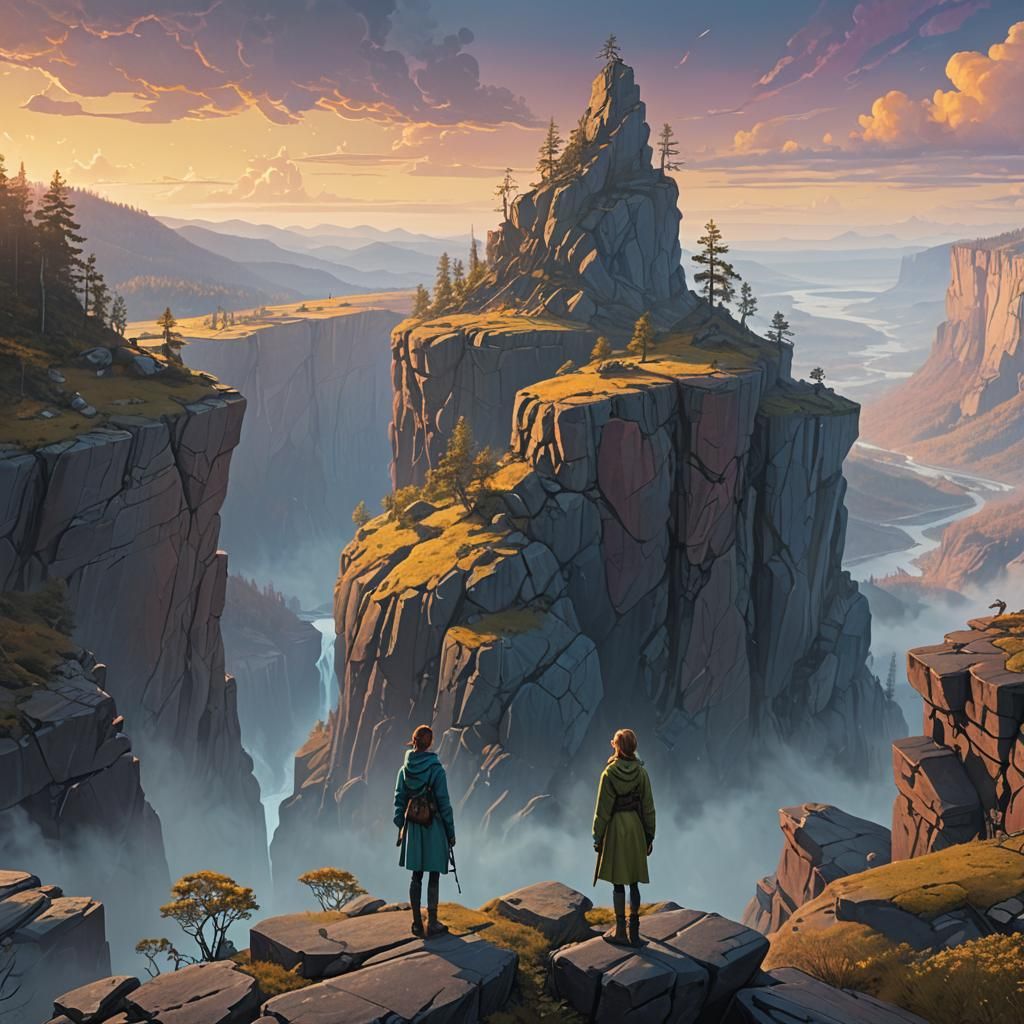 Woman Surveys Fantasy Landscape in Art Nouveau Style