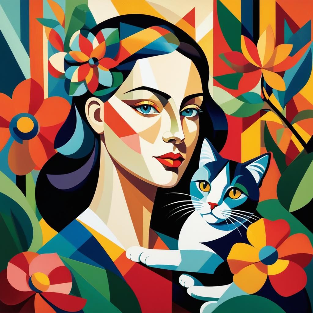 Cubist Portrait of Woman and Cat in Neo-Cubism Style