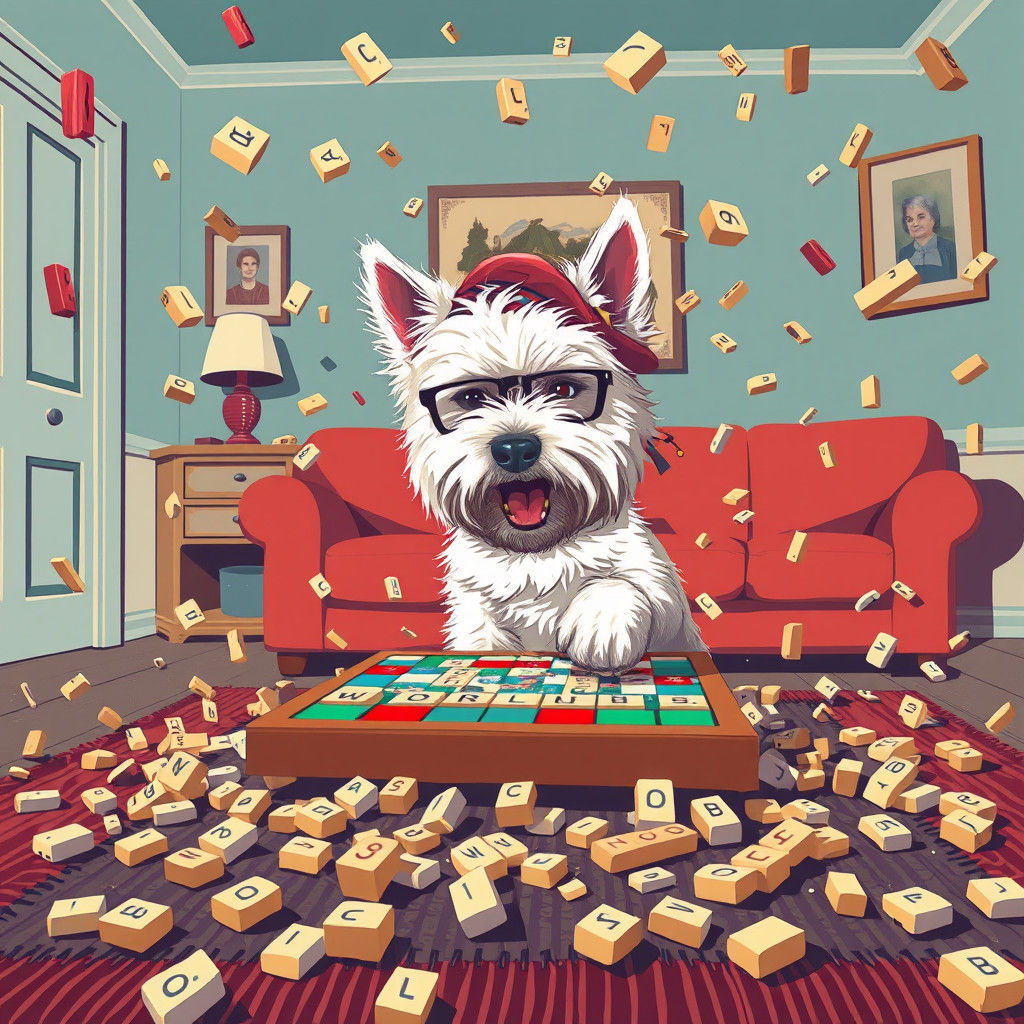 Frustrated Westie Flips Scrabble Board: Pop Art Illustration