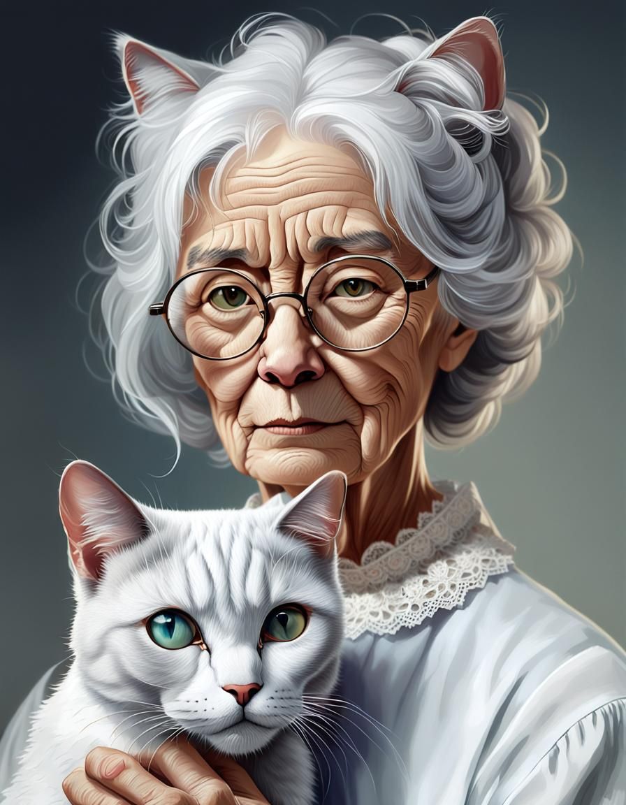 Elderly Woman with Cat Portrait in Hyperrealistic Style