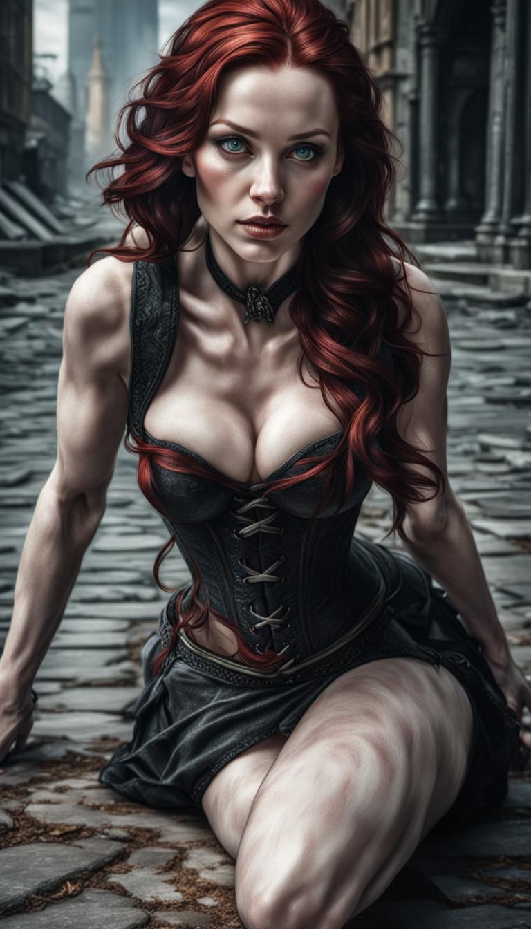 Hyperrealistic Woman with Dark Red Hair Crawling