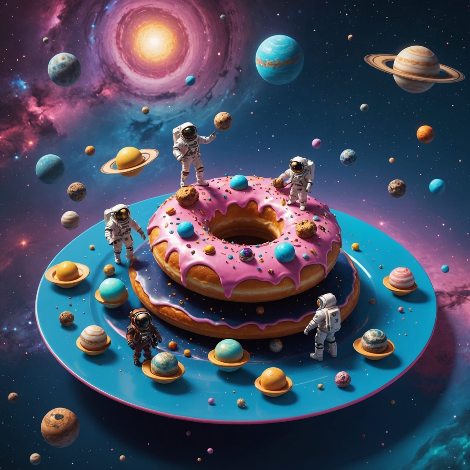 Space Donut with Astronauts, Detailed Matte Painting