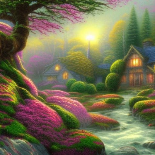Ethereal Stone House Sunrise: A Fantasy Scene