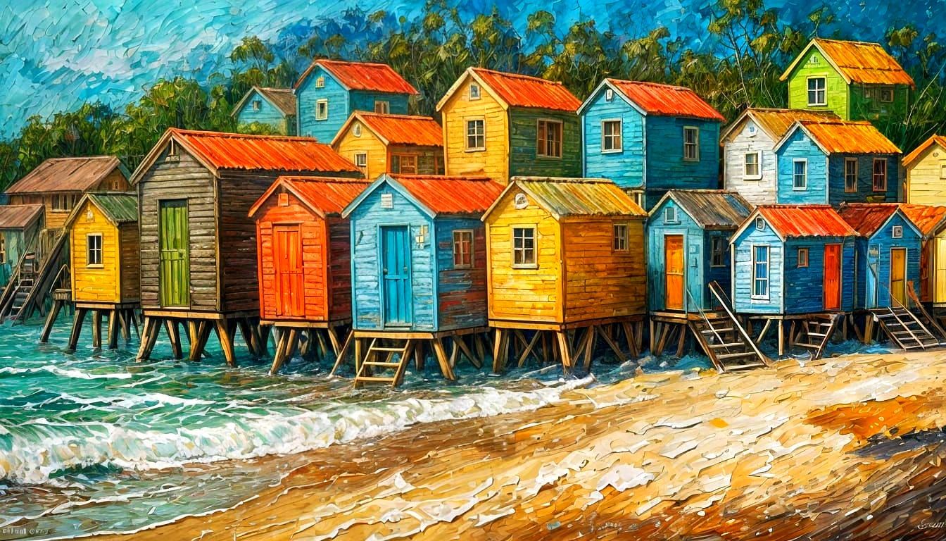 Bohemian Woman and Children by Australian Beach, Impasto Sty...