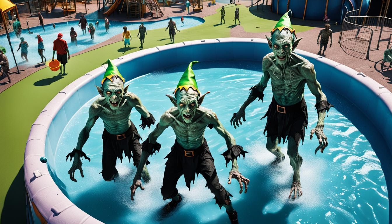 Elf Zombies Splashing in a Pool, Digital Art