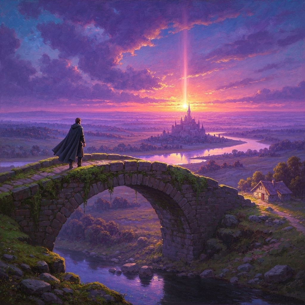 Man on Mossy Bridge at Vibrant Sunset Over Landscape