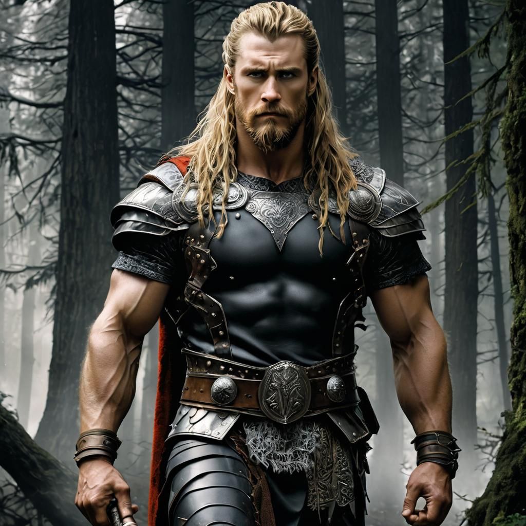 Viking Warrior in Eerie Forest, Horror Art Style