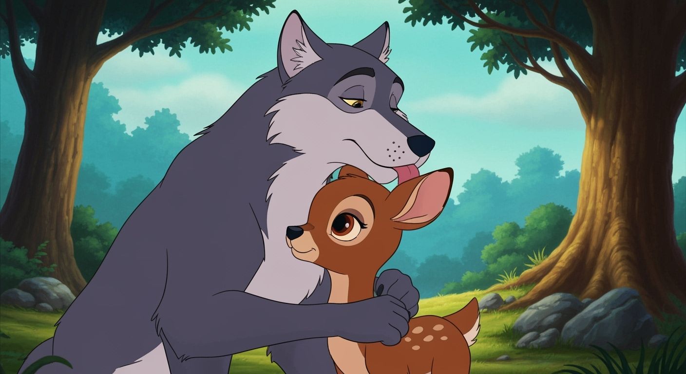Wolf Embraces Deer in Peaceful Woodland Glade