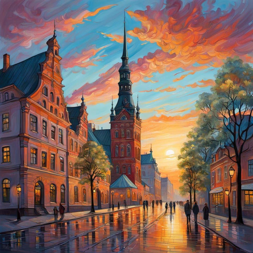 Dreamy Surreal Painting of Riga at Sunset
