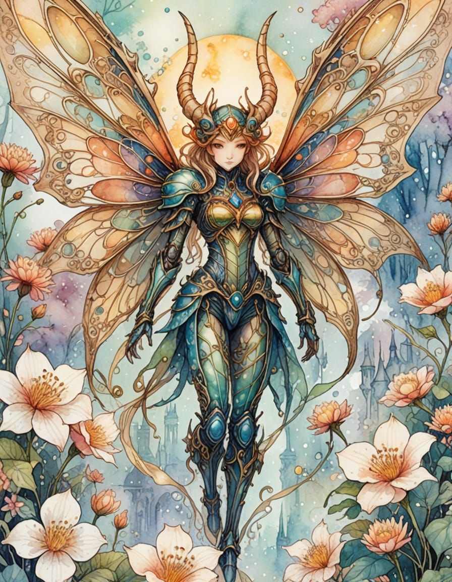 Dreamy Insectoid Demon in Watercolor Manga Style