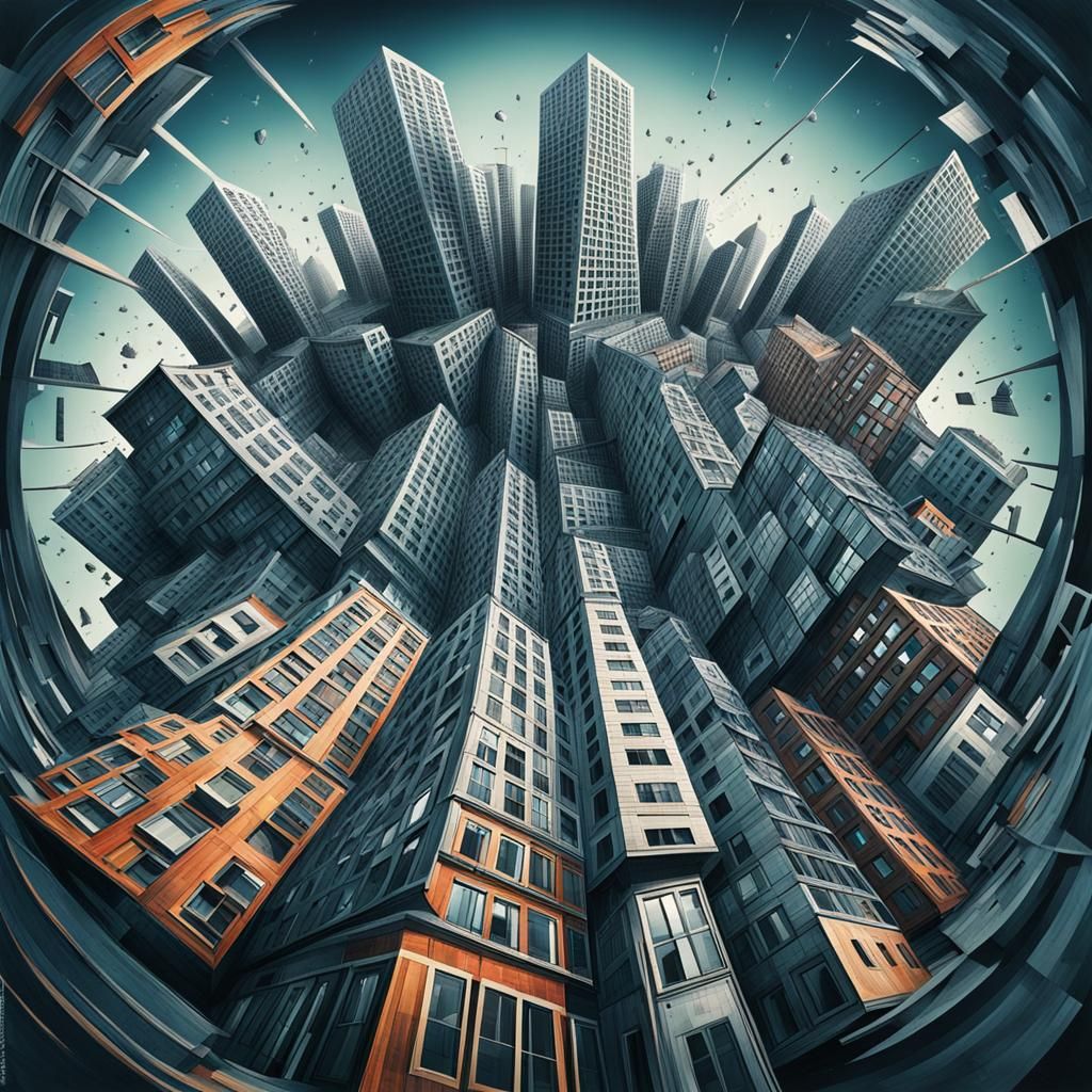 Surreal Cityscape with Distorted Geometry Buildings