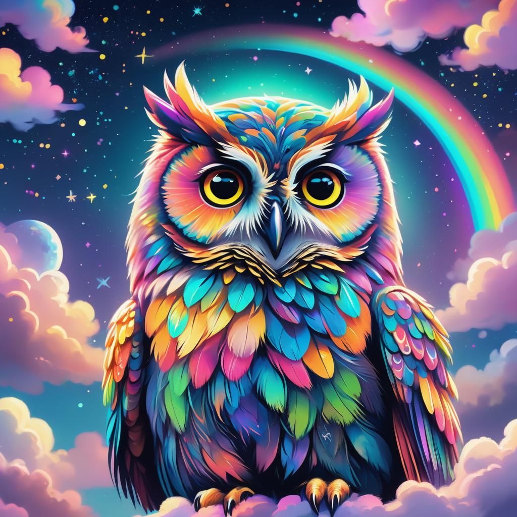 A sweet little rainbow owl looks to the night sky