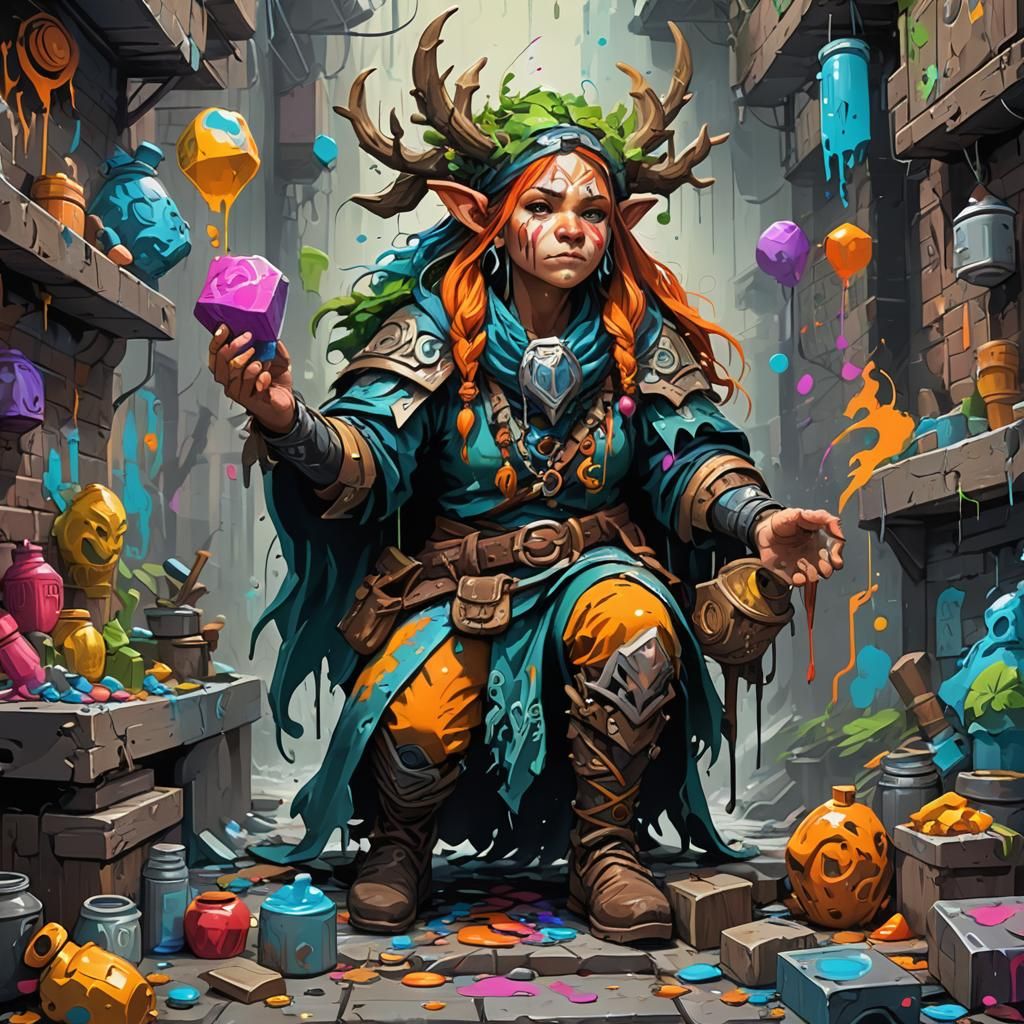 Female Dwarf Druid in Graffiti Street Art Style