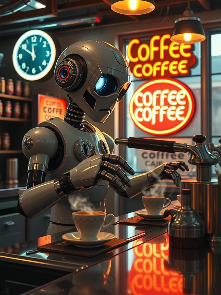 Robot Barista in Retro Coffee Shop, Cartoon Noir Style