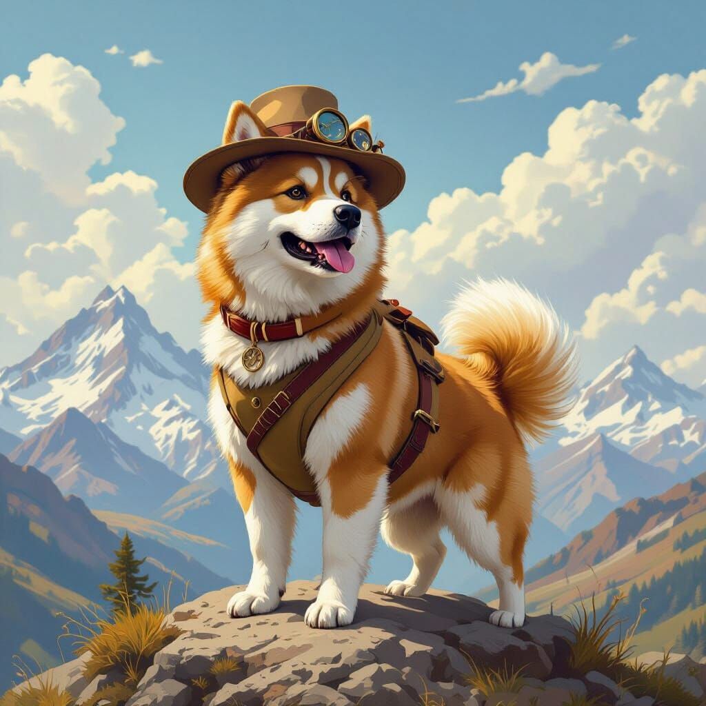 Akita Explorer on Mountaintop in Digital Painting Style