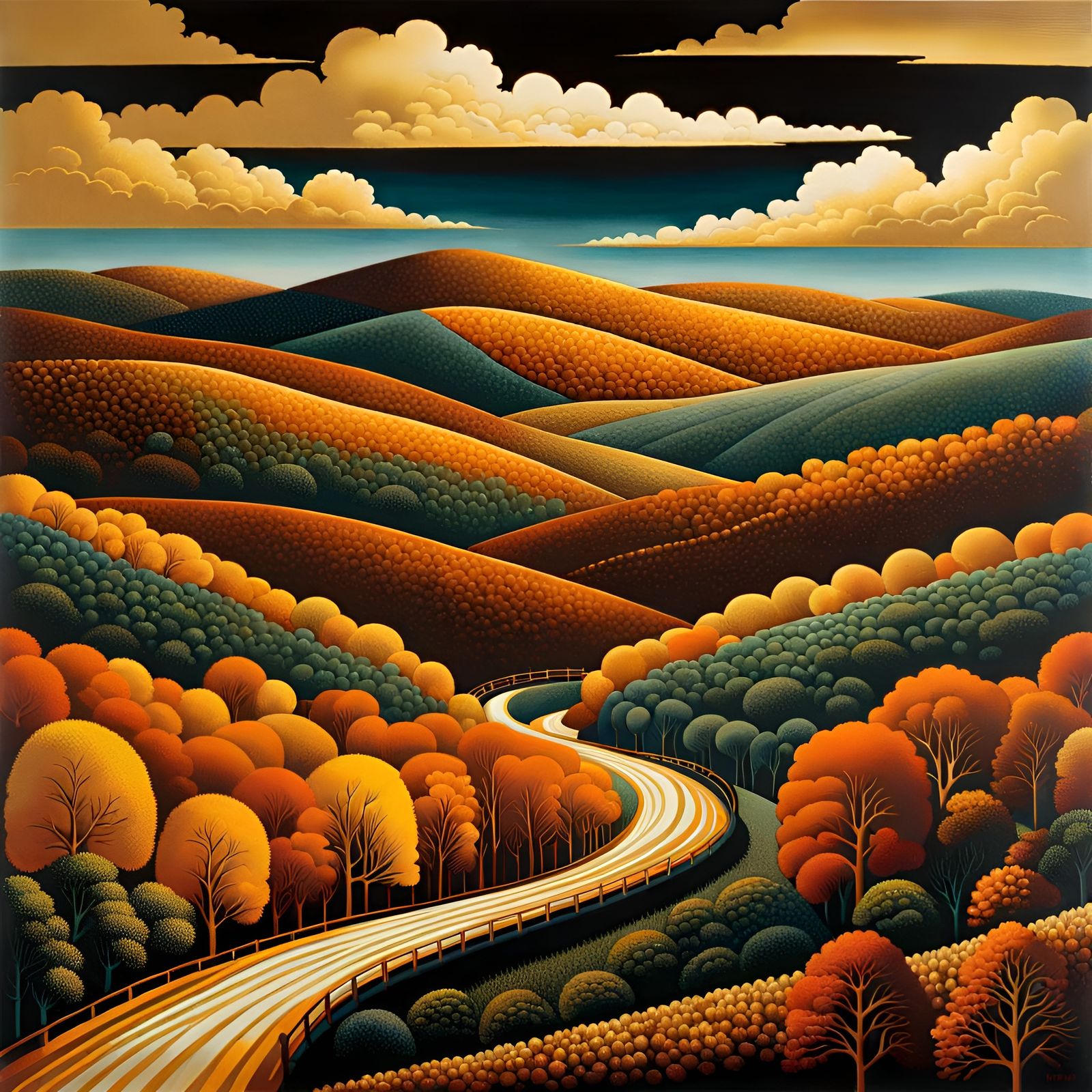 Golden Autumn Road in Pennsylvania: Vintage Pointillism