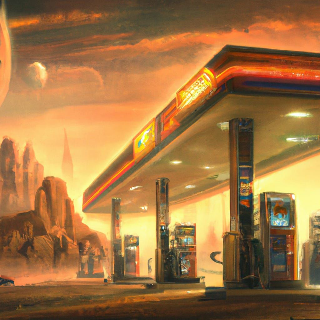 Martian Gas Station in Ethereal Luminist Style