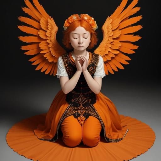 Orange Angel with Feathered Wings Kneeling