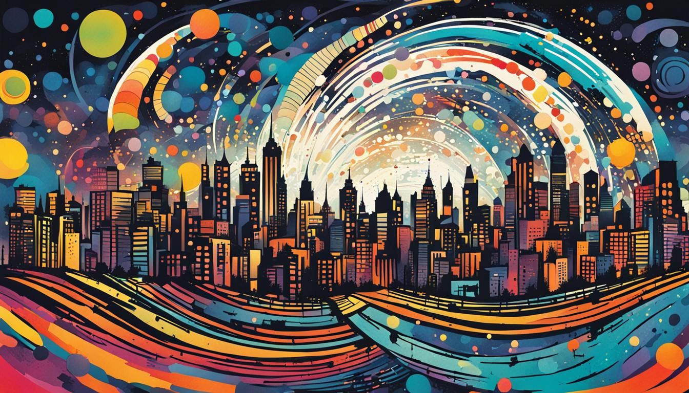 Spiraling Night Cityscape Ink Illustration