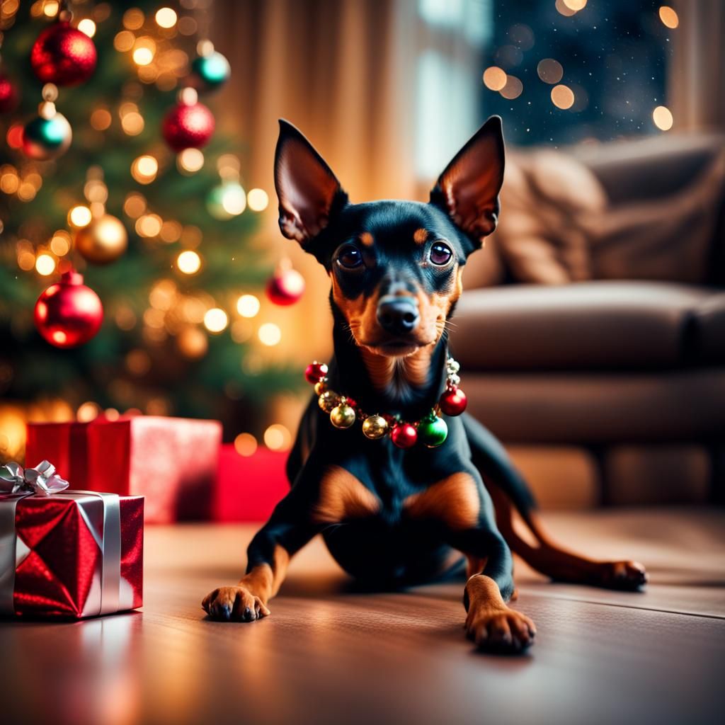 Min Pin Dog by Christmas Tree: Digital Matte Painting
