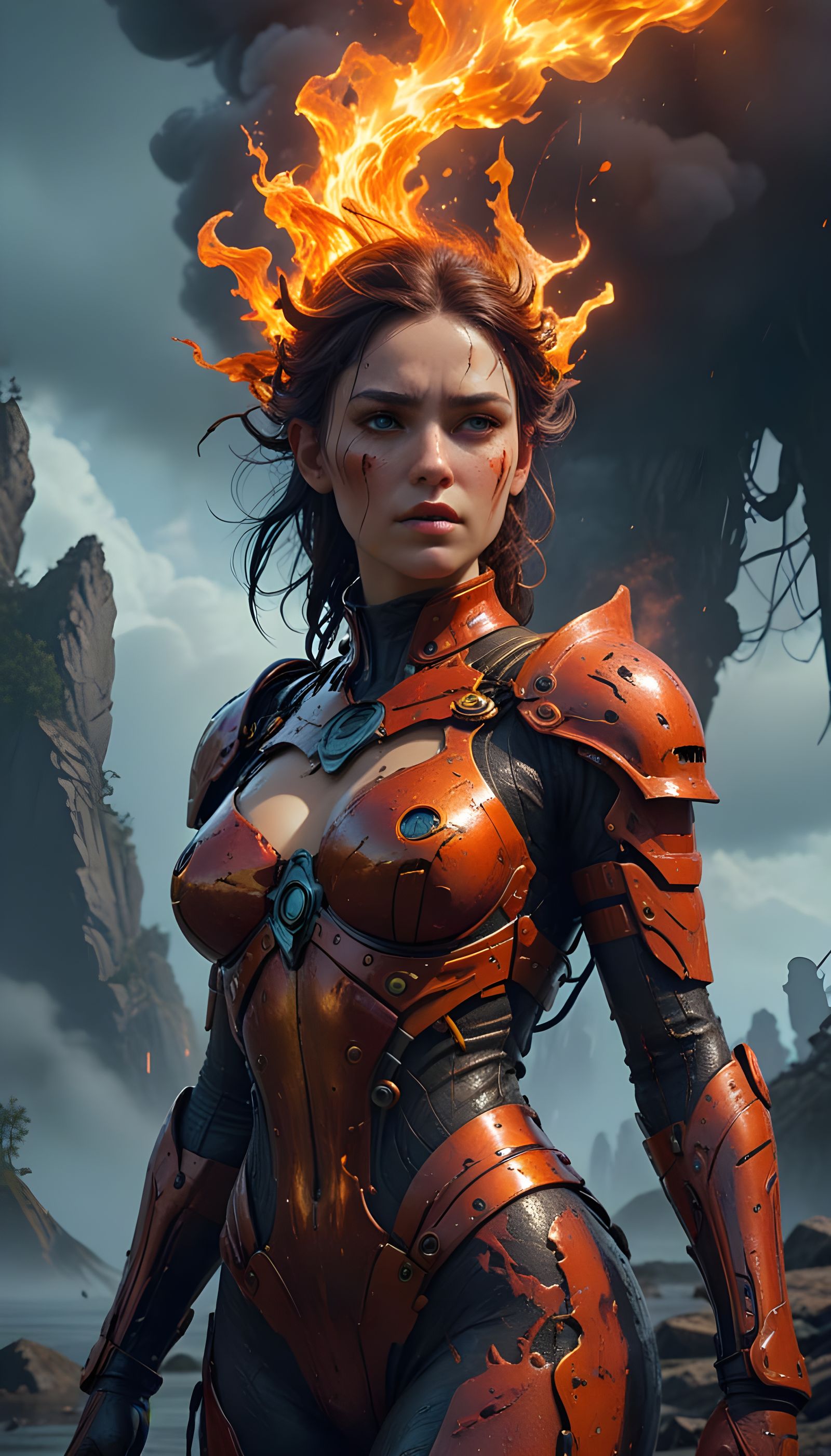 Mystical Goddess Emerges from Fiery Vapors in Cyberpunk Art