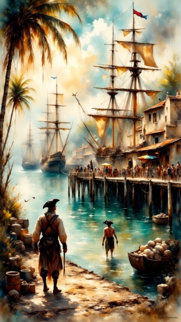 Hyperrealistic Caribbean Port City Dock at Dawn