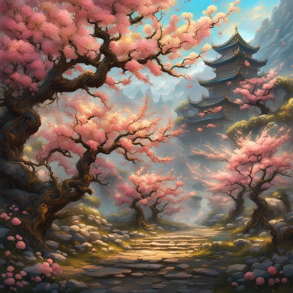 Peach Blossoms with Gold Flecks in Maximalist Style