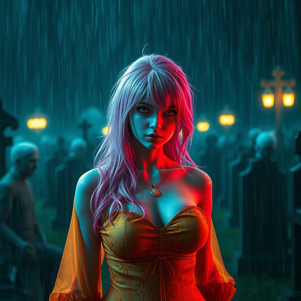 Gothic Goddess Reigns in the Rainy Cemetery