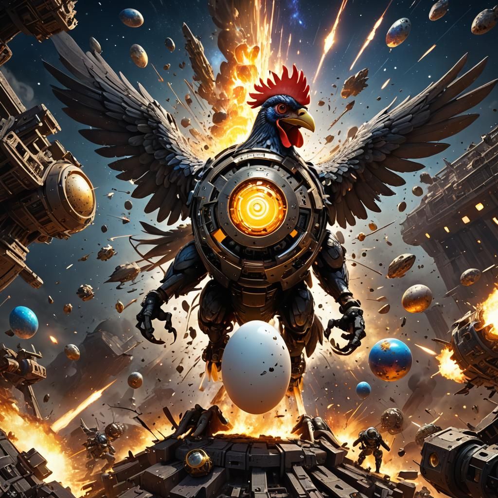 Epic Battle: Mechanical Egg vs Chicken in Cosmic Explosion