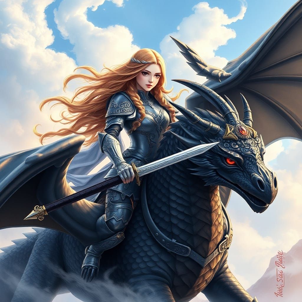 Nordic Goddess Rides Dragon in Watercolour Style