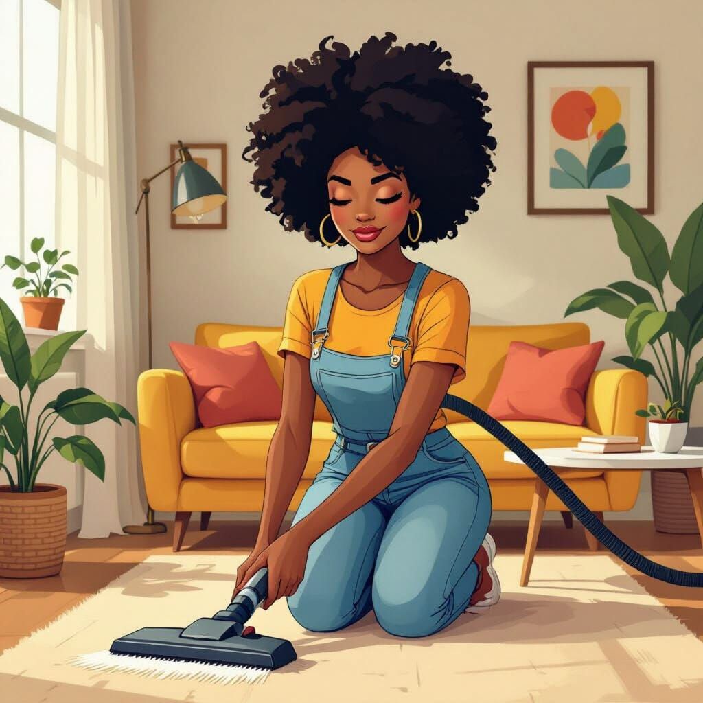 Black Woman Vacuuming in Flat Graphic Art Style