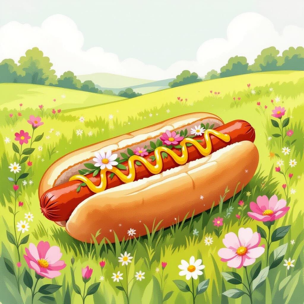 Whimsical Hotdog in Beatrix Potter Style
