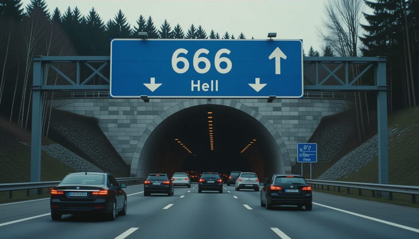 Motorway Tunnel Entrance with '666 Hell' Sign