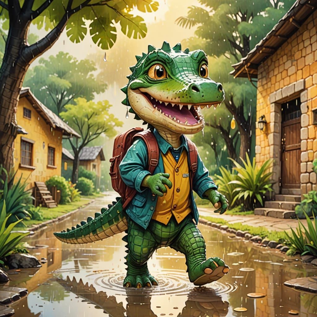 Cartoon Crocodile's Rainy School Adventure
