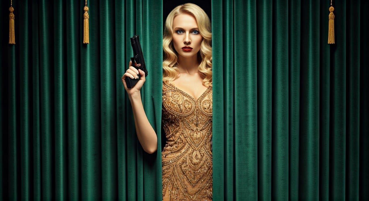 Elegant Hit-Woman in Caramel Evening Gown, Velvet Curtain, a...