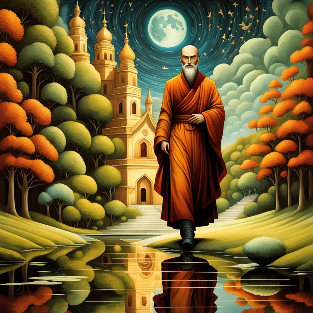 Monk in Monastery Yard: Dreamscape Illustration